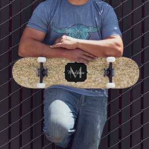 Beautiful champagne gold glitter sparkles Monogram Skateboard