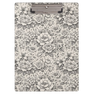 Beautiful Charcoal Black and White Etched Flowers Clipboard