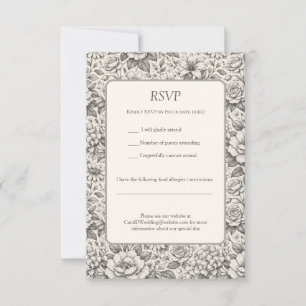 Beautiful Charcoal Black and White Etched Flowers  RSVP Card