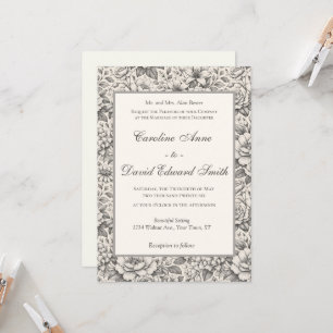 Beautiful Charcoal Etched Flowers Classic Wedding Invitation