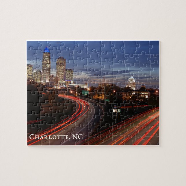 Beautiful Charlotte NC Skyline Highway at Dusk Jigsaw Puzzle (Horizontal)