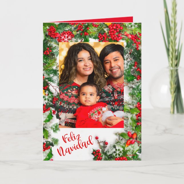 Beautiful Charming Feliz Navidad Wish with Holly Holiday Card (Front)