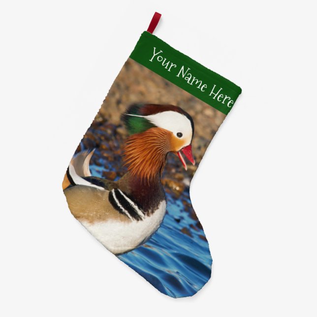 Beautiful Chatty Mandarin Duck at the Pond Large Christmas Stocking (Front (Hanging))
