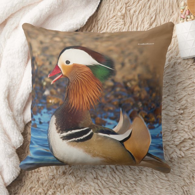 Beautiful Chatty Mandarin Duck at the Pond Throw Pillow (Blanket)