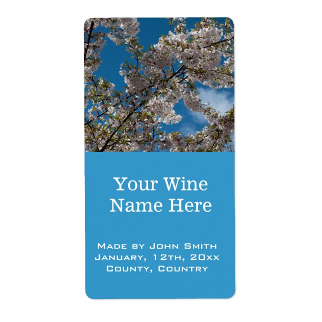 beautiful cherry blossom in blue sky wine labels. (Front)