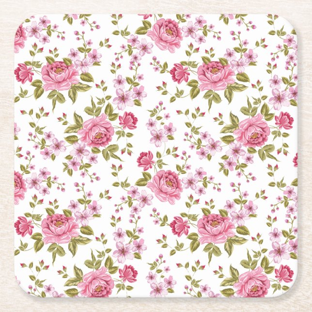 Beautiful Chic floral pattern roses design Square Paper Coaster (Front)