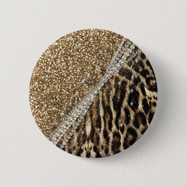 Beautiful Chic Girly Leopard Print Gold Glitter 2 Inch Round Button (Front)