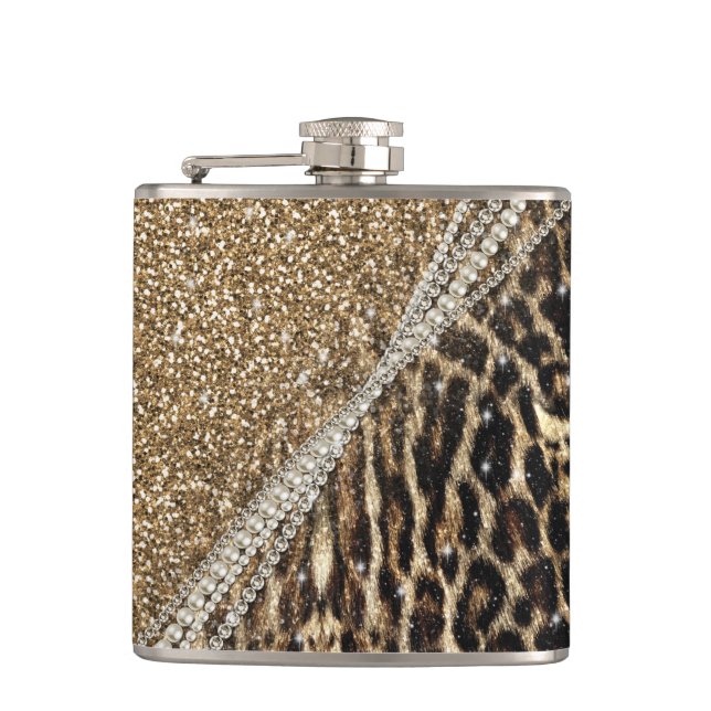 Beautiful Chic Girly Leopard Print Gold Glitter Hip Flask (Front)
