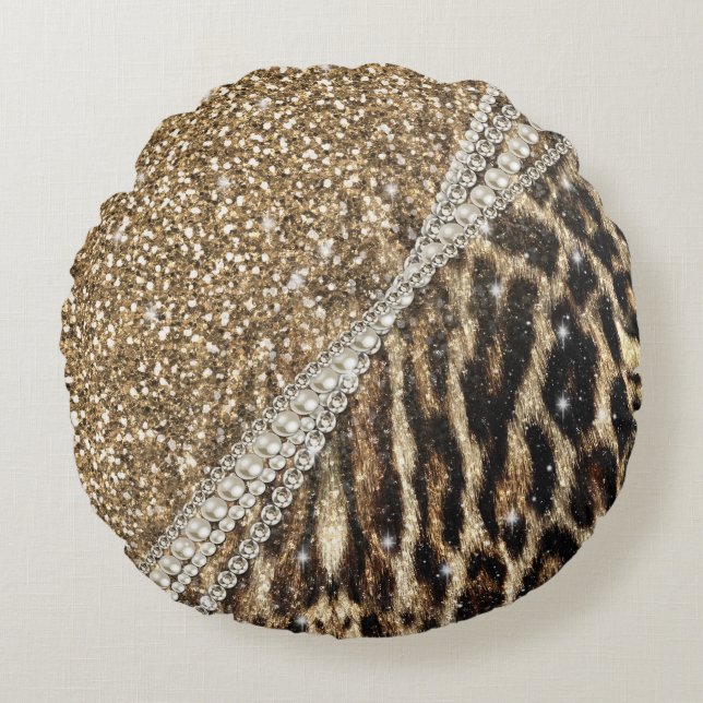 Beautiful Chic Girly Leopard Print Gold Glitter Round Pillow (Front)
