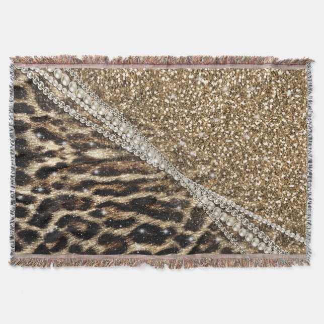 Beautiful Chic Girly Leopard Print Gold Glitter Throw Blanket (Front)