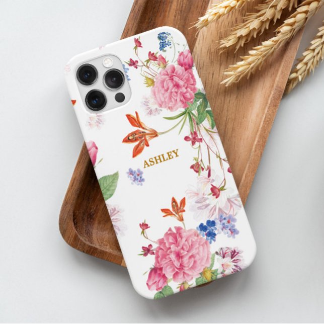 Beautiful Chic Pink White Camellia Flower Custom   Case-Mate iPhone Case (The elegant, chic and beautiful camellia flowers mix with small florals on a white background.)