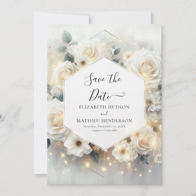 Beautiful Chic White Roses Wedding Save The Date (Front)