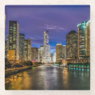 Beautiful Chicago River at Sunset, Illinois Glass Coaster
