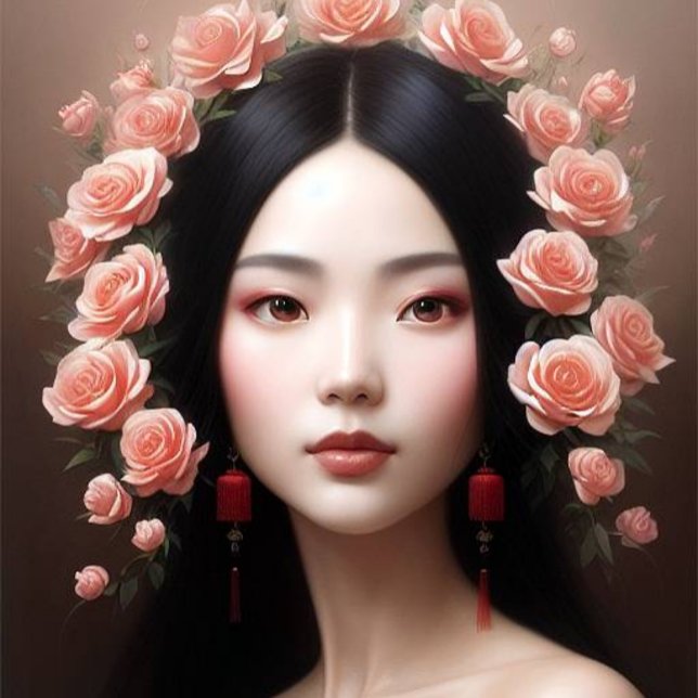 Beautiful Chinese woman with roses aiart Classic Round Sticker (Creator Uploaded)