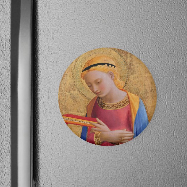 Beautiful Christian Vintage Angel Holy Book Magnet (Holy Angel Christian figure holy book golden halo in pink dress on round magnet.)