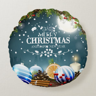 Beautiful Christmas Design with snow branches Round Pillow