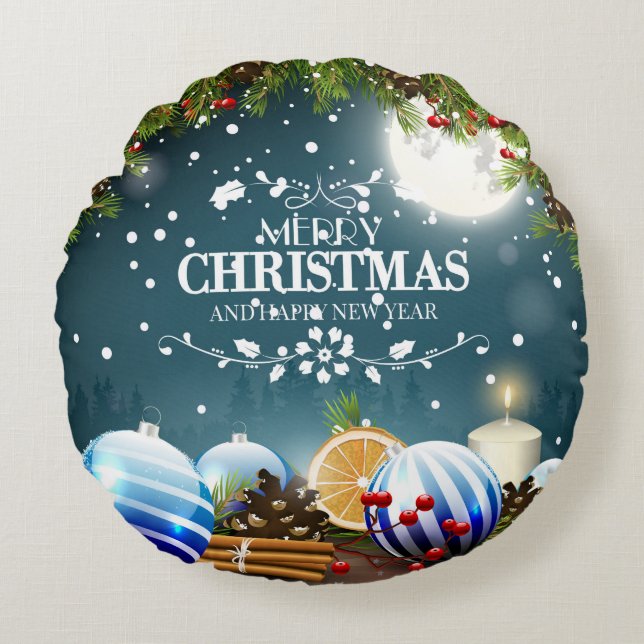 Beautiful Christmas Design with snow branches Round Pillow (Front)