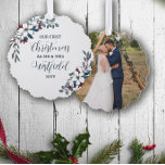 Beautiful Christmas Florals 1st Christmas Married Ornament Card<br><div class="desc">First Christmas as Mr & Mrs Christmas ornament personalized with your wedding photo on one side and on the other your shared last name with the year framed by pretty bouquets of Christmas flowers in white,  red,  blue,  and green.</div>