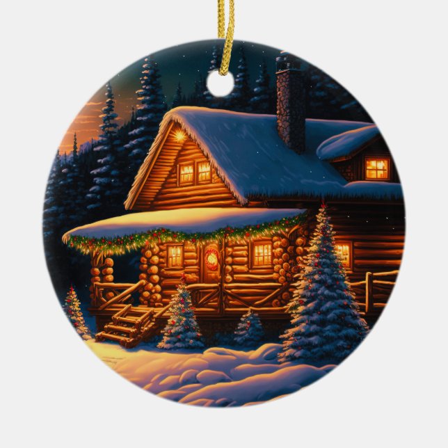 Beautiful Christmas Lights Log Cabin Mountain Snow Ceramic Ornament (Front)
