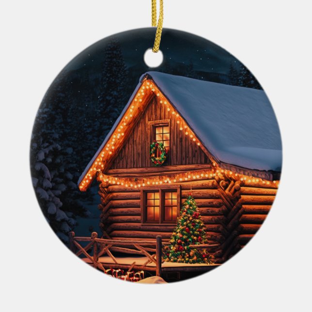 Beautiful Christmas Lights Log Cabin Mountain Snow Ceramic Ornament (Front)