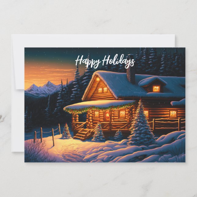 Beautiful Christmas Lights Log Cabin Mountain Snow Holiday Card (Front)