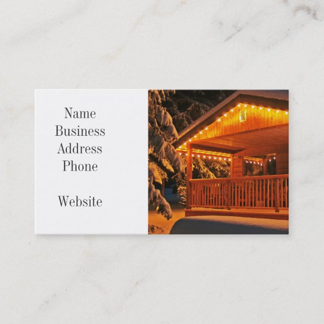 Beautiful Christmas Lights on Log Cabin in Snow Business Card (Front)