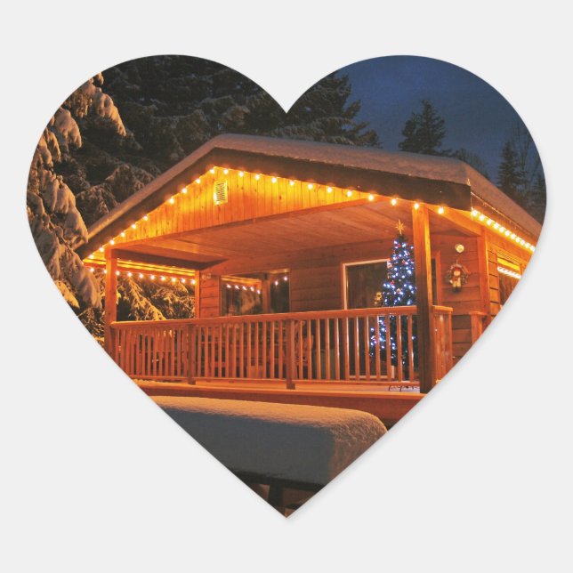 Beautiful Christmas Lights on Log Cabin in Snow Heart Sticker (Front)