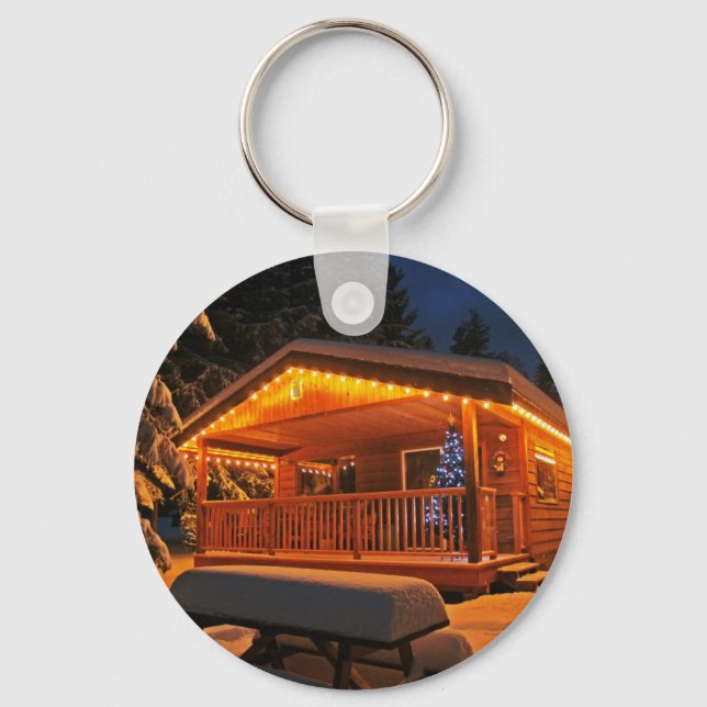 Beautiful Christmas Lights on Log Cabin in Snow Keychain (Front)