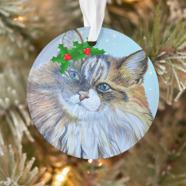 Beautiful Christmas Norwegian Forest Cat Holly  Ce Ornament (Tree)
