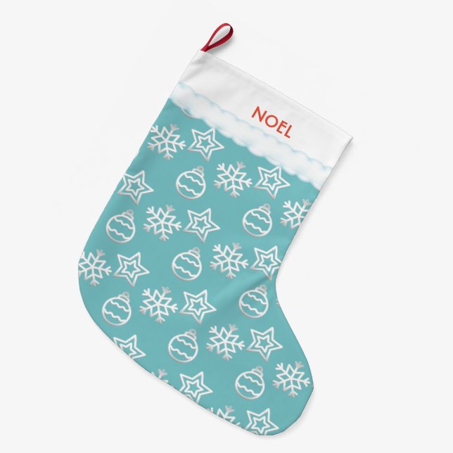 Beautiful Christmas Pattern on Light Blue Large Christmas Stocking (Front (Hanging))