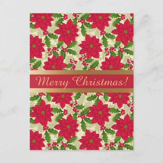 Beautiful Christmas Poinsettia, Holly, Pine branch Holiday Postcard (Front)