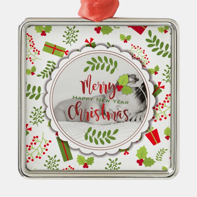 Beautiful Christmas Script Gifts Photo Metal Ornament (Front)