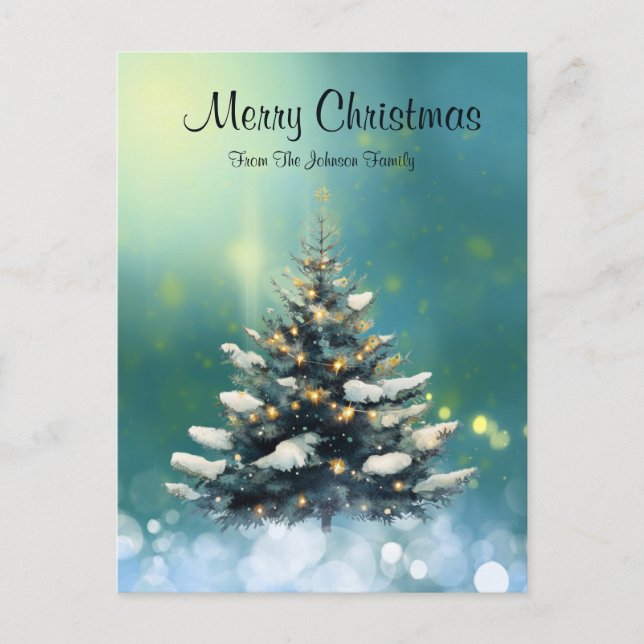Beautiful Christmas Tree with Snow and Gold Lights Postcard (Front)