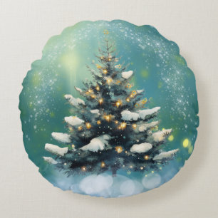 Beautiful Christmas Tree with Snow and Gold Lights Round Pillow