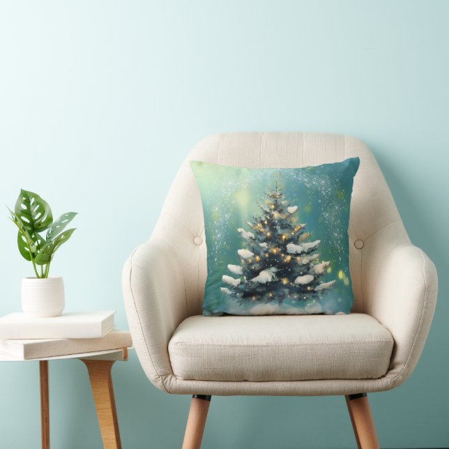 Beautiful Christmas Tree with Snow and Gold Lights Throw Pillow (Chair)