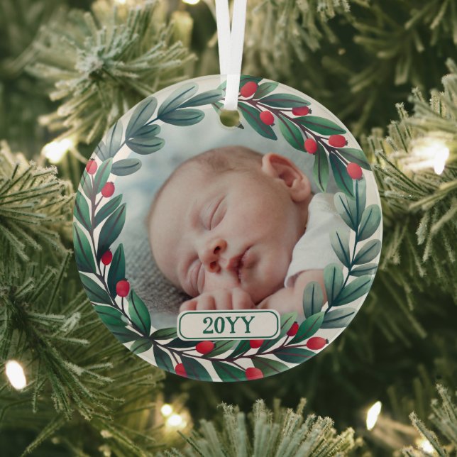 Beautiful Christmas Wreath Add Photo & Year Glass Ornament (Insitu)
