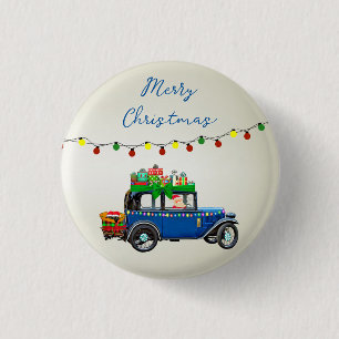 Beautiful, Christms Blue Car with Santa and Gifts 1 Inch Round Button