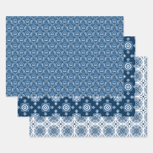 Beautiful Classic Blue | Elegant Blue and White Wrapping Paper Sheet (Set)