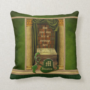 Beautiful Classical Library Old Books Green Drapes Throw Pillow