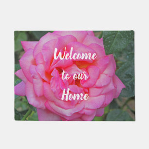 Beautiful Close-up Pink Rose Bloom Photo Welcome Doormat