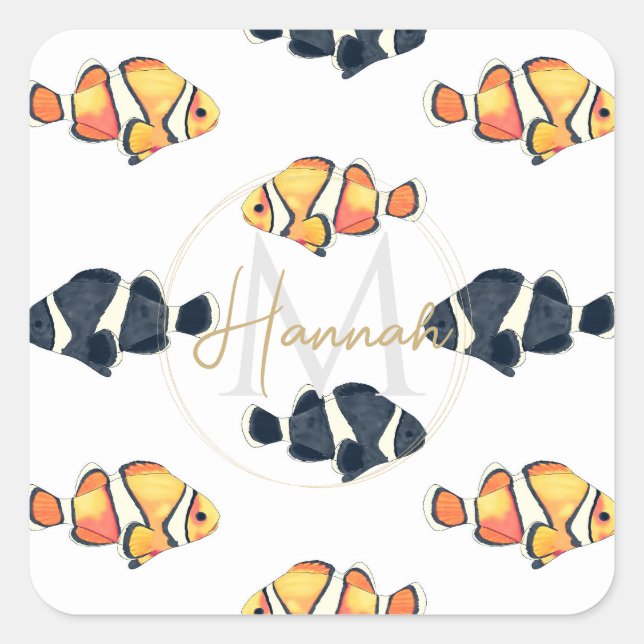 Beautiful Clown Fish Painting Black and Yellow Square Sticker (Front)