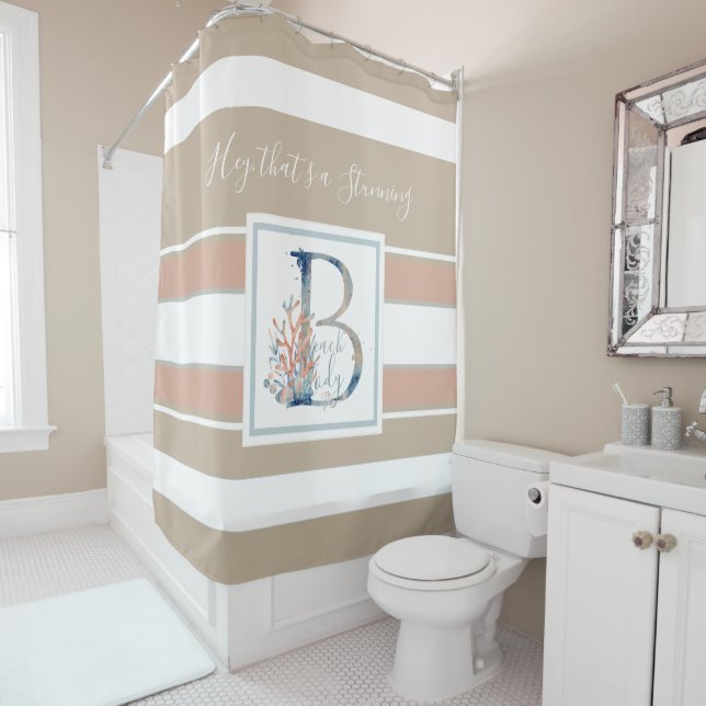 Beautiful coastal coral and blue monogram striped (In Situ)