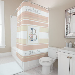 Beautiful coastal coral blue monogram pink striped