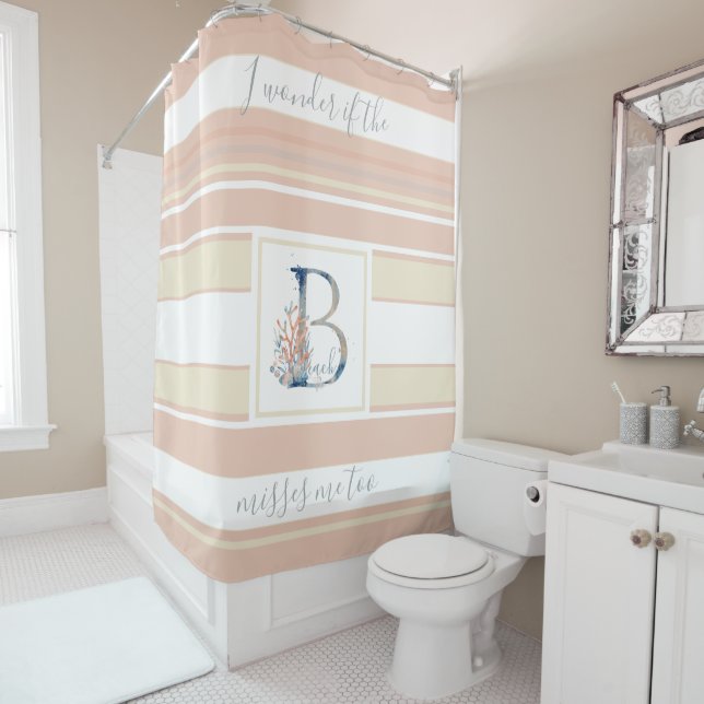 Beautiful coastal coral blue monogram pink striped (In Situ)