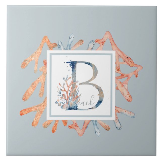 Beautiful coastal winter sky blue coral monogram tile (Front)