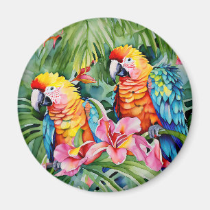 Beautiful Colorful Parrots and Tropical Flowers Magnet