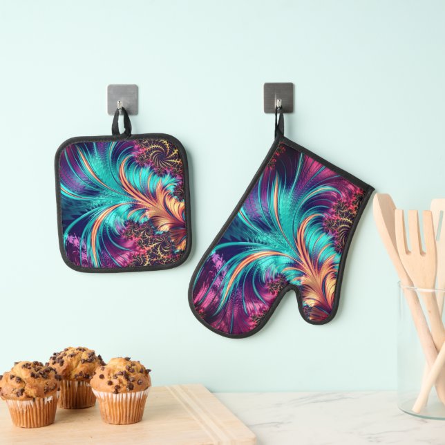 Beautiful Colour Peacock Feathers Oven Mitt & Pot Holder Set (Insitu(Hanging))