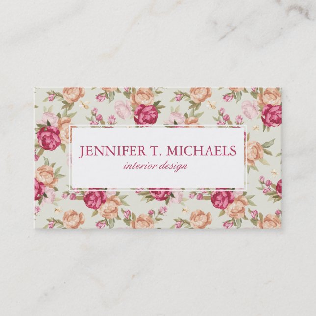 Beautiful colour peony pattern on green business card (Front)