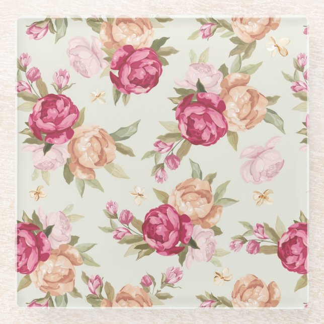 Beautiful colour peony pattern on green glass coaster (Front)