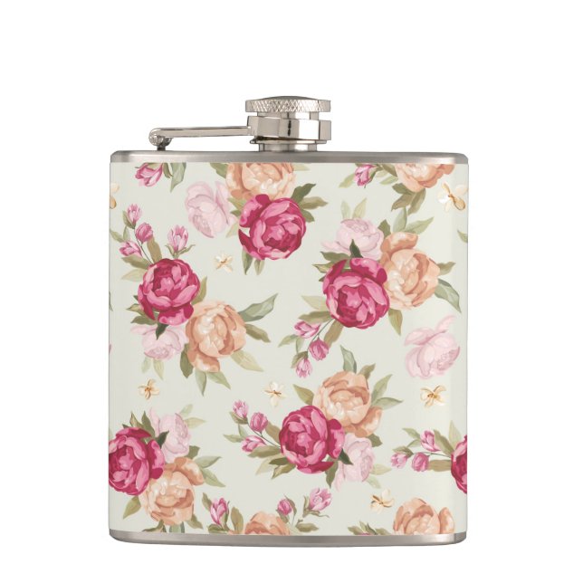 Beautiful colour peony pattern on green hip flask (Front)